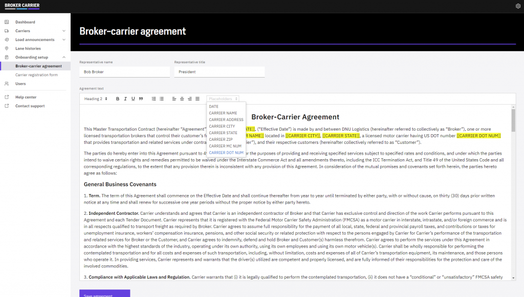 Broker-carrier agreement editor
