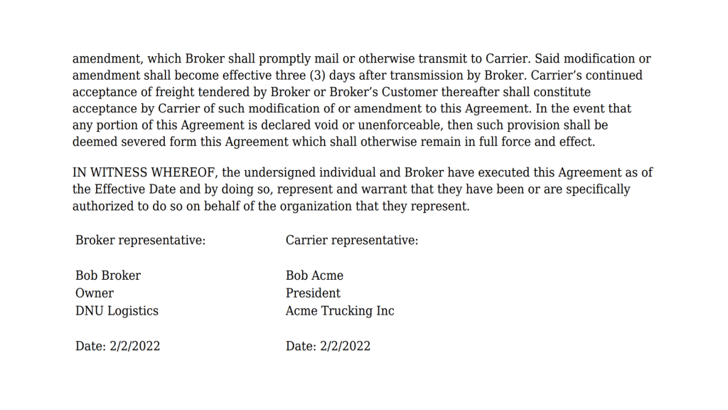 PDF copy of a signed broker-carrier agreement