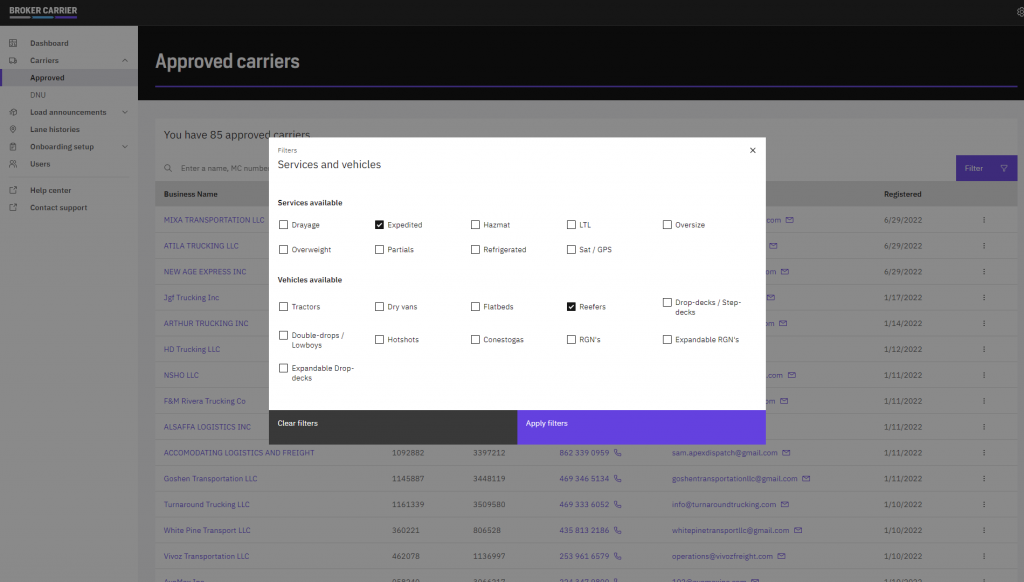 Search and filter through your carrier network