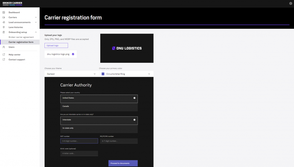 Carrier registration form editor screen