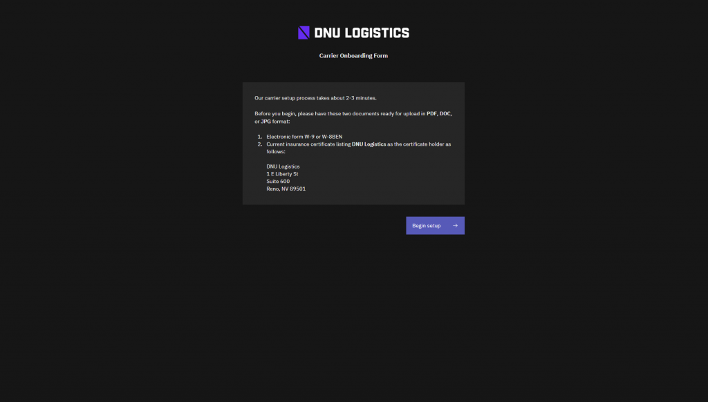 A customized carrier registration form