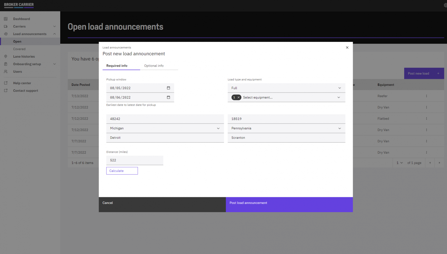 Posting a Load Announcement | BrokerCarrier
